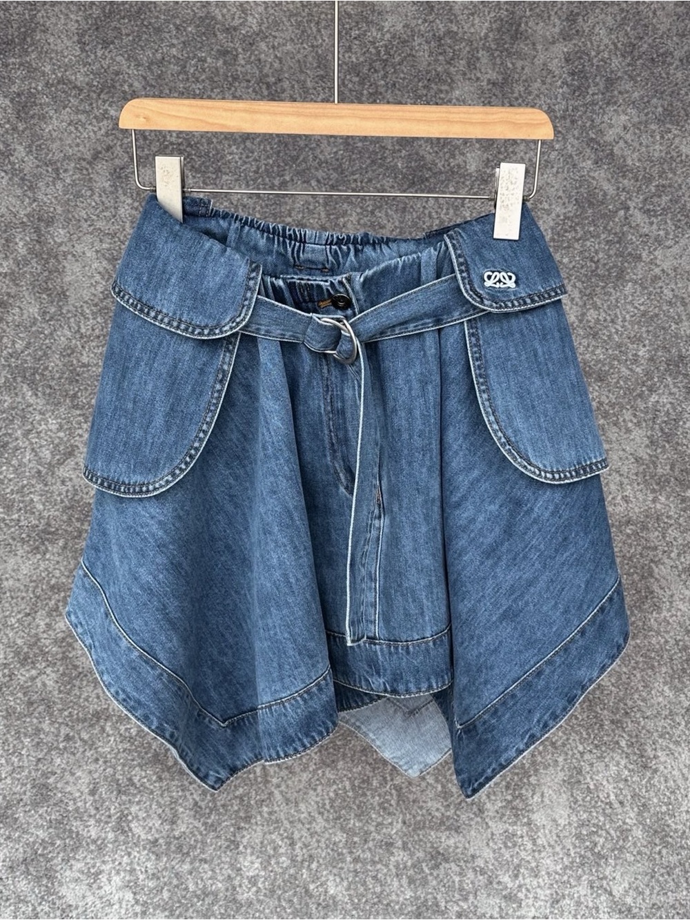 NWOT Loewe Blue Denim Flared Skort with Belt, Size 38 = M